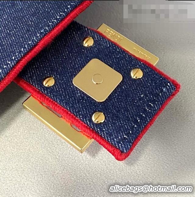 Good Product Fendi Baguette Medium Denim Flap Bag FD0315 Dark Blue/Red 2021