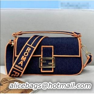 Famous Brand Fendi Baguette Medium Denim Flap Bag FD0315 Dark Blue/Orange 2021