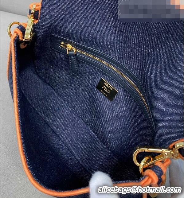 Famous Brand Fendi Baguette Medium Denim Flap Bag FD0315 Dark Blue/Orange 2021