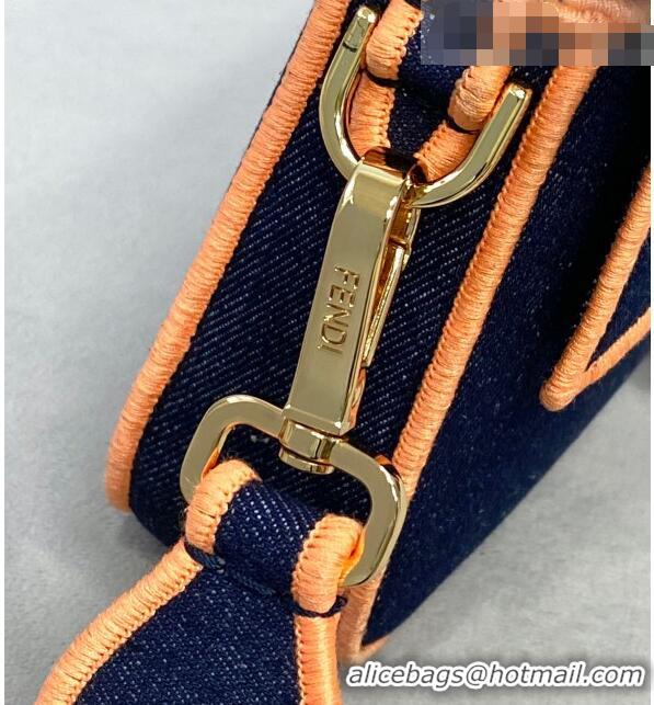 Famous Brand Fendi Baguette Medium Denim Flap Bag FD0315 Dark Blue/Orange 2021