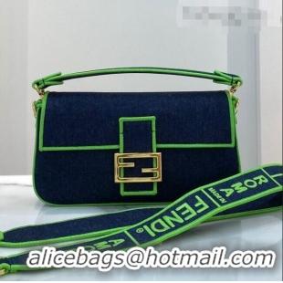 Promotional Fendi Baguette Medium Denim Flap Bag FD0315 Dark Blue/Green 2021