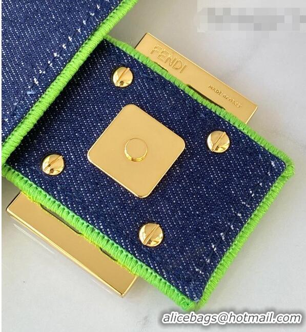 Promotional Fendi Baguette Medium Denim Flap Bag FD0315 Dark Blue/Green 2021