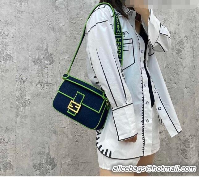 Promotional Fendi Baguette Medium Denim Flap Bag FD0315 Dark Blue/Green 2021