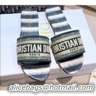 Top Sale Dior Dway Flat Slide Sandals in Green Stripes Embroidered Cotton 050806