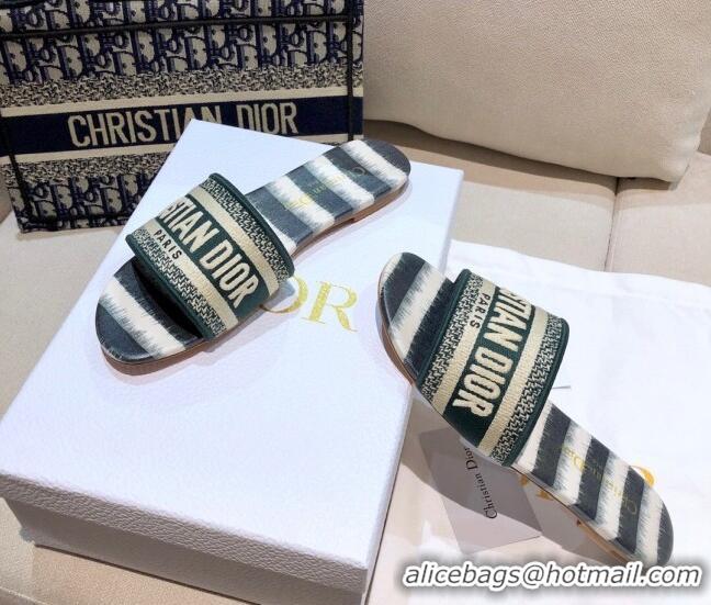 Top Sale Dior Dway Flat Slide Sandals in Green Stripes Embroidered Cotton 050806