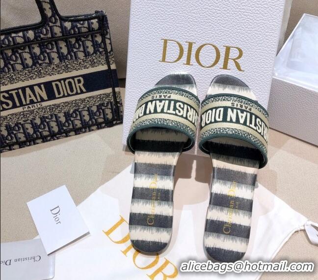 Top Sale Dior Dway Flat Slide Sandals in Green Stripes Embroidered Cotton 050806