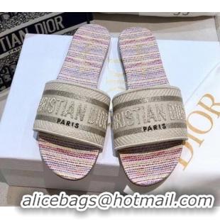 Best Price Dior Dway Flat Slide Sandals in Multicolor Stripes Embroidered Cotton 050808