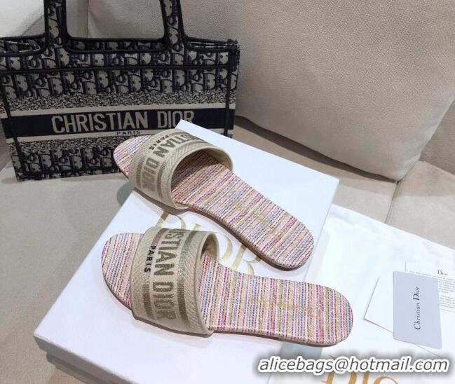 Best Price Dior Dway Flat Slide Sandals in Multicolor Stripes Embroidered Cotton 050808