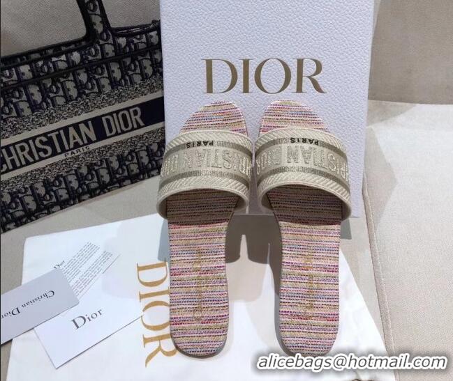 Best Price Dior Dway Flat Slide Sandals in Multicolor Stripes Embroidered Cotton 050808