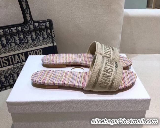 Best Price Dior Dway Flat Slide Sandals in Multicolor Stripes Embroidered Cotton 050808