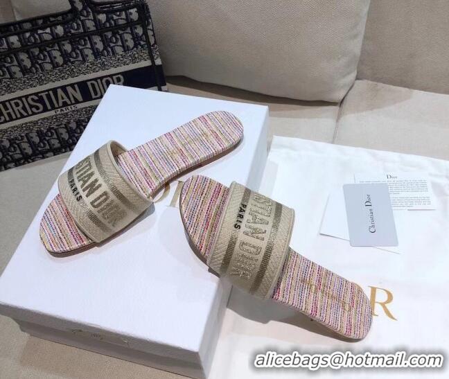 Best Price Dior Dway Flat Slide Sandals in Multicolor Stripes Embroidered Cotton 050808