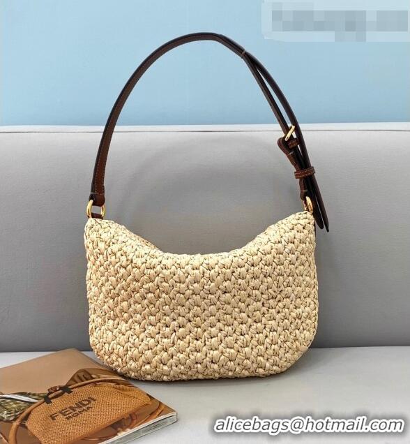 Best Price Fendi Small Croissant Woven Straw Hobo Bag FD0353 Beige 2021