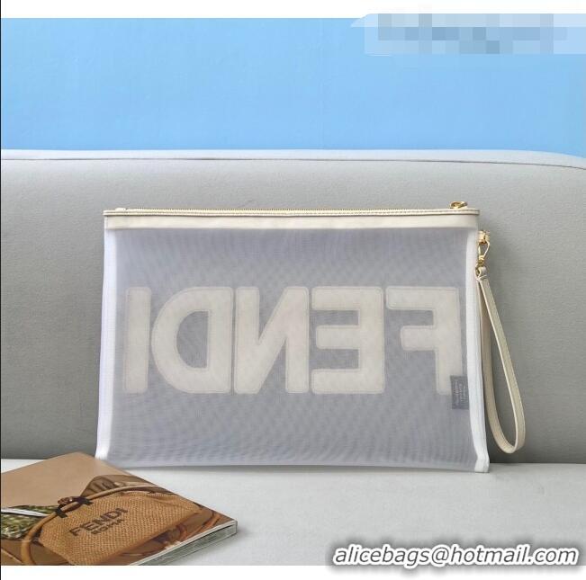 Good Quality Fendi Mesh Large Flat Pouch FD0345 White 2021