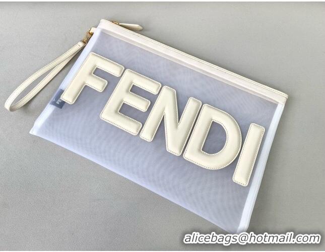 Good Quality Fendi Mesh Large Flat Pouch FD0345 White 2021