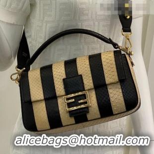 Best Price Fendi Baguette Striped Snakeskin Medium Bag FD0352 Beige/Black 2021