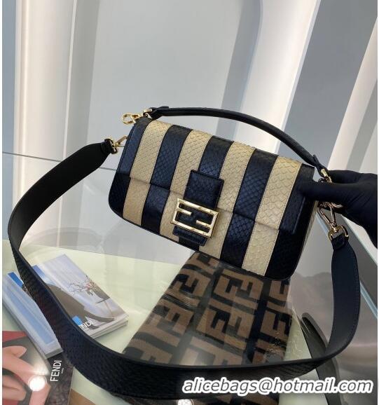 Best Price Fendi Baguette Striped Snakeskin Medium Bag FD0352 Beige/Black 2021