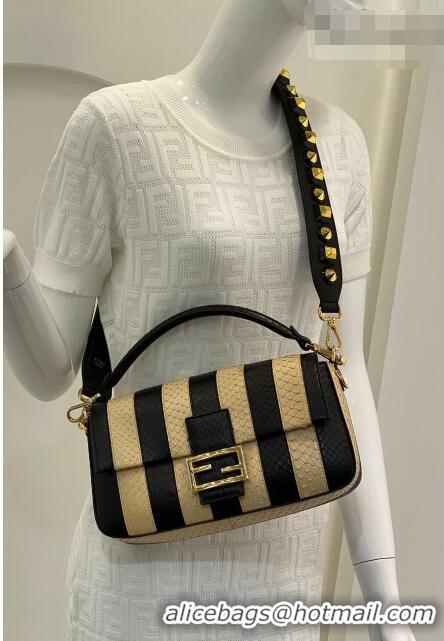 Best Price Fendi Baguette Striped Snakeskin Medium Bag FD0352 Beige/Black 2021