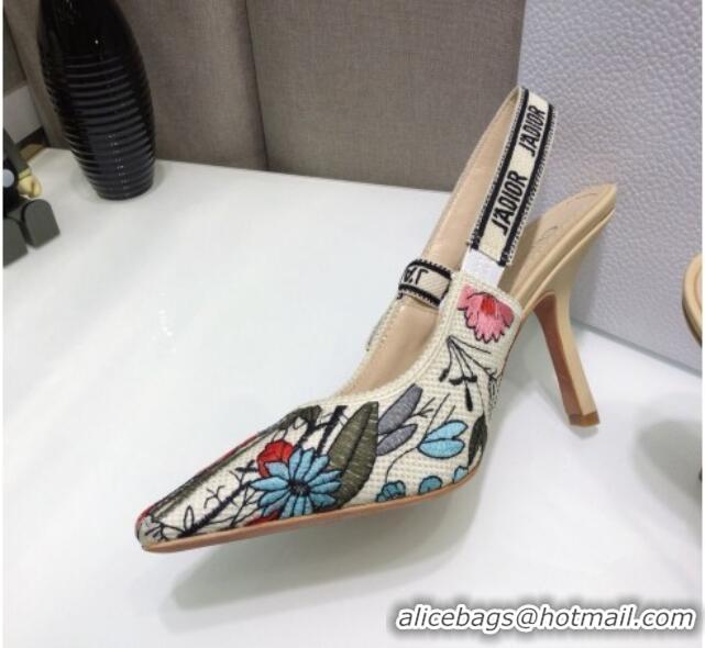 Top Grade Dior J'Adior Slingback Pumps 9.5cm in Multicolor Mille Fleurs Embroidered Cotton 061104