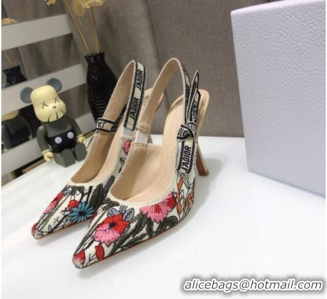 Top Grade Dior J'Adior Slingback Pumps 9.5cm in Multicolor Mille Fleurs Embroidered Cotton 061104