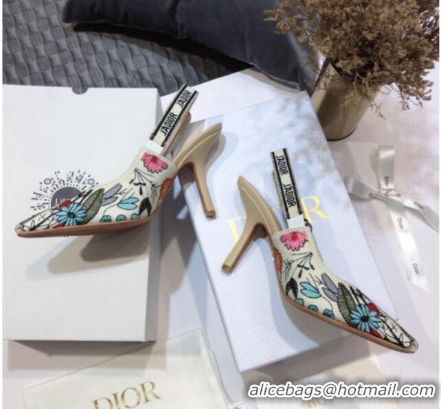 Top Grade Dior J'Adior Slingback Pumps 9.5cm in Multicolor Mille Fleurs Embroidered Cotton 061104