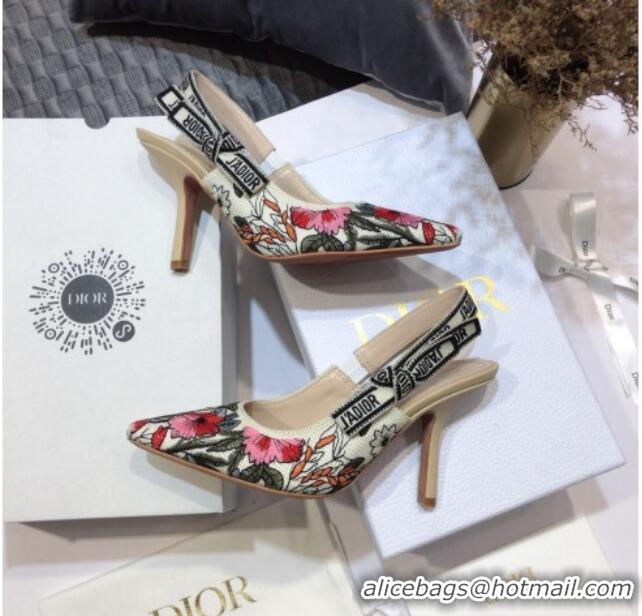 Top Grade Dior J'Adior Slingback Pumps 9.5cm in Multicolor Mille Fleurs Embroidered Cotton 061104