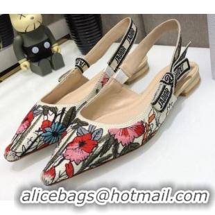 Popular Style Dior J'Adior Slingback Ballerina Flat in Multicolor Mille Fleurs Embroidered Cotton 061106