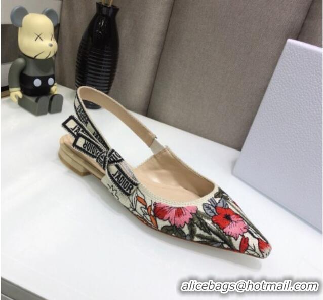 Popular Style Dior J'Adior Slingback Ballerina Flat in Multicolor Mille Fleurs Embroidered Cotton 061106