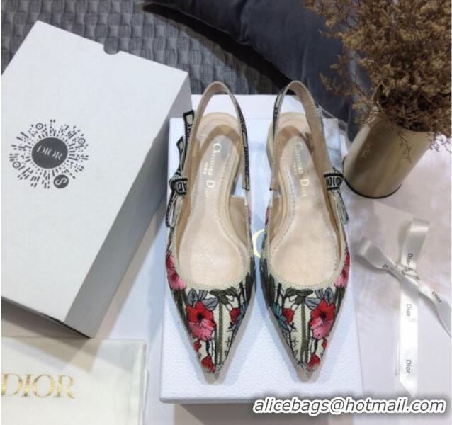 Popular Style Dior J'Adior Slingback Ballerina Flat in Multicolor Mille Fleurs Embroidered Cotton 061106