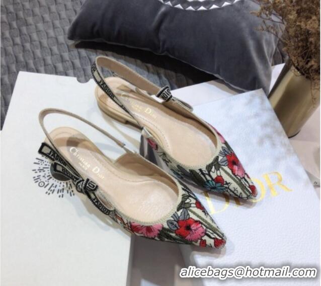 Popular Style Dior J'Adior Slingback Ballerina Flat in Multicolor Mille Fleurs Embroidered Cotton 061106