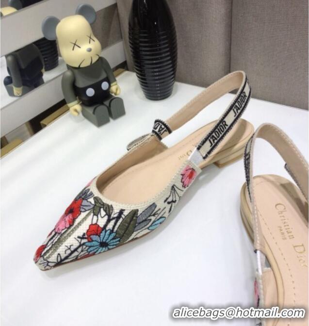 Popular Style Dior J'Adior Slingback Ballerina Flat in Multicolor Mille Fleurs Embroidered Cotton 061106