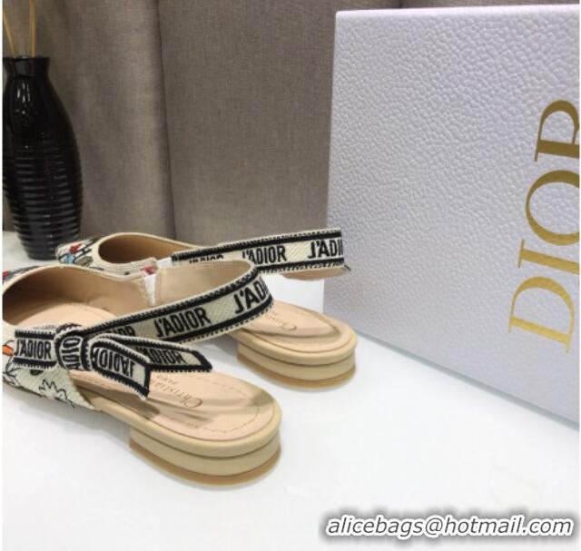 Popular Style Dior J'Adior Slingback Ballerina Flat in Multicolor Mille Fleurs Embroidered Cotton 061106