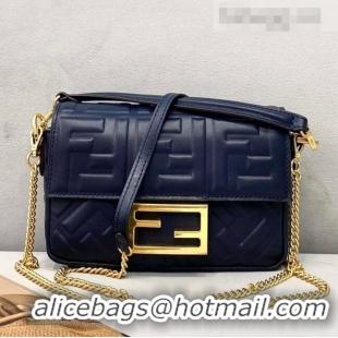 Top Design Fendi Baguette Mini FF Logo Lambskin Flap Bag FD0406 Navy Blue 2021