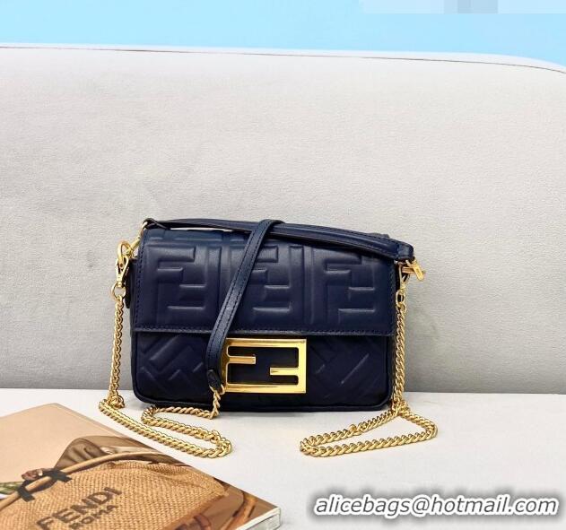 Top Design Fendi Baguette Mini FF Logo Lambskin Flap Bag FD0406 Navy Blue 2021