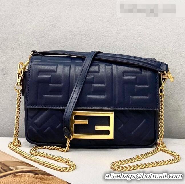 Top Design Fendi Baguette Mini FF Logo Lambskin Flap Bag FD0406 Navy Blue 2021