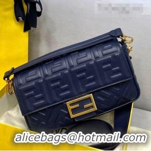 Discount Fendi Baguette Medium FF Logo Lambskin Flap Bag FD0407 Navy Blue 2021