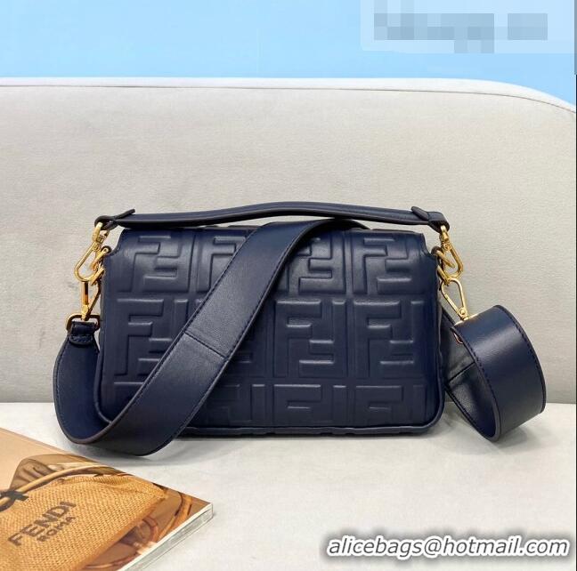 Discount Fendi Baguette Medium FF Logo Lambskin Flap Bag FD0407 Navy Blue 2021