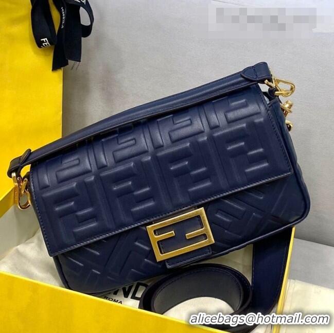 Discount Fendi Baguette Medium FF Logo Lambskin Flap Bag FD0407 Navy Blue 2021