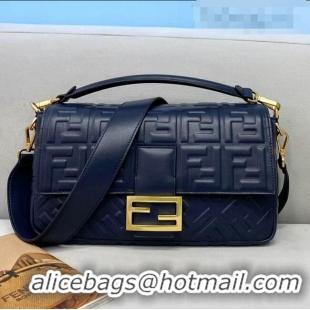 Good Quality Fendi Baguette Large FF Logo Lambskin Flap Bag FD0408 Navy Blue 2021