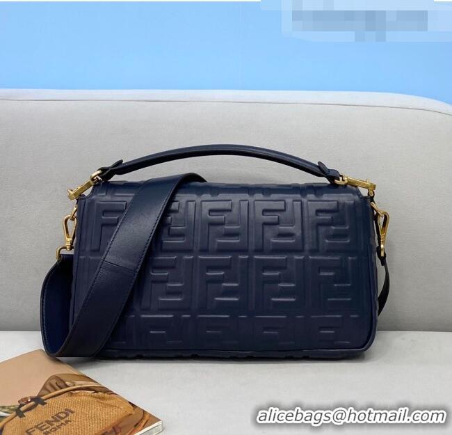 Good Quality Fendi Baguette Large FF Logo Lambskin Flap Bag FD0408 Navy Blue 2021