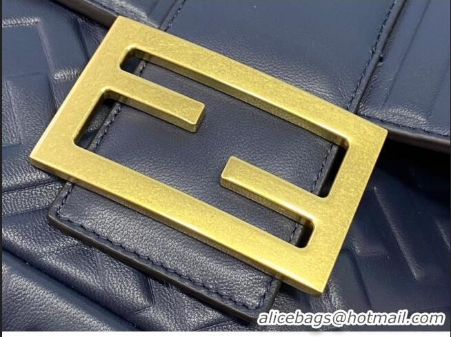 Good Quality Fendi Baguette Large FF Logo Lambskin Flap Bag FD0408 Navy Blue 2021