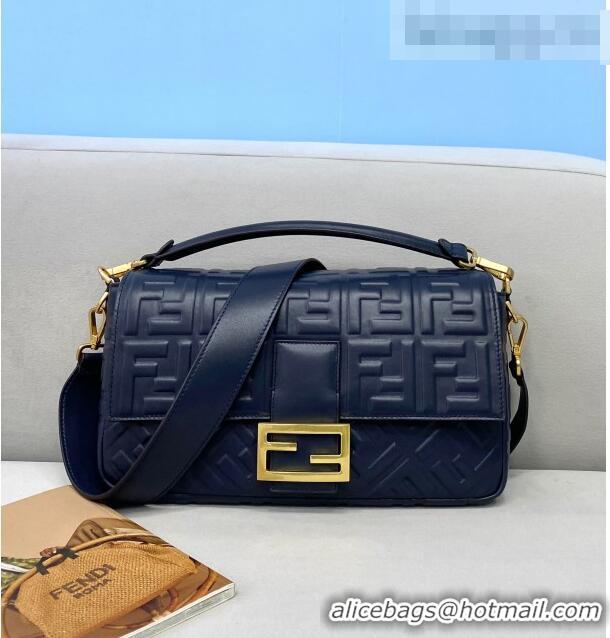 Good Quality Fendi Baguette Large FF Logo Lambskin Flap Bag FD0408 Navy Blue 2021