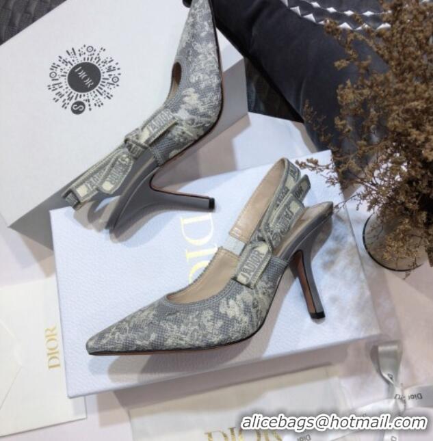 Unique Style Dior J'Adior Slingback Pumps 9.5cm in Grey Toile de Jouy Reverse Embroidered Cotton 061110