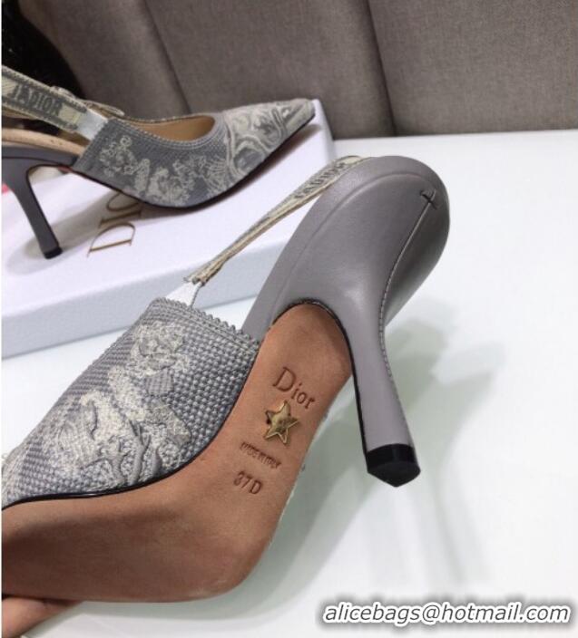 Unique Style Dior J'Adior Slingback Pumps 9.5cm in Grey Toile de Jouy Reverse Embroidered Cotton 061110