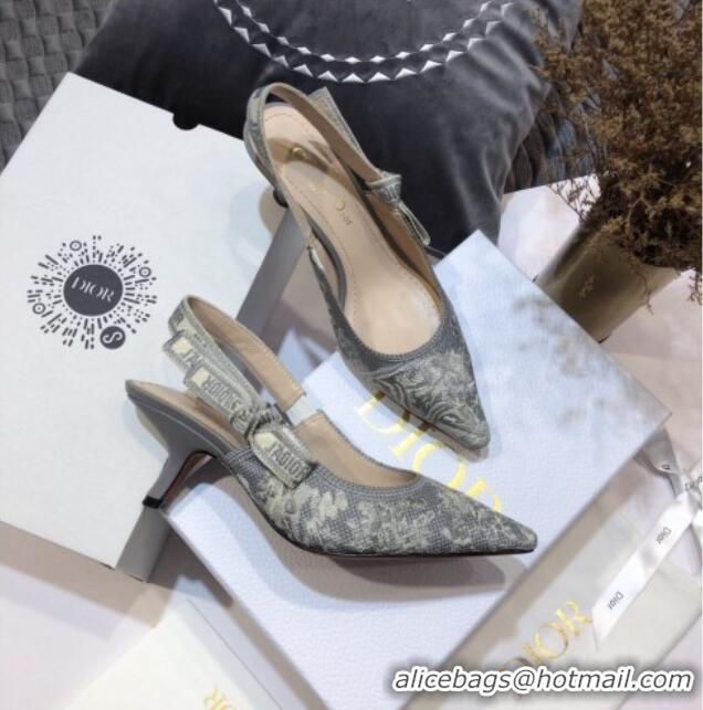 Good Quality Dior J'Adior Slingback Pumps 6.5cm in Grey Toile de Jouy Reverse Embroidered Cotton 061111