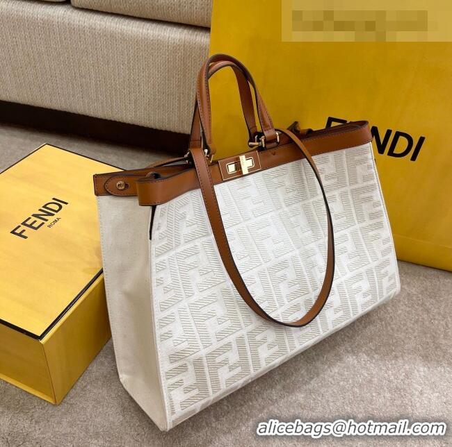 Original Cheap Fendi Peekaboo X-Tote FF Canvas Tote Bag FD0425 White 2021