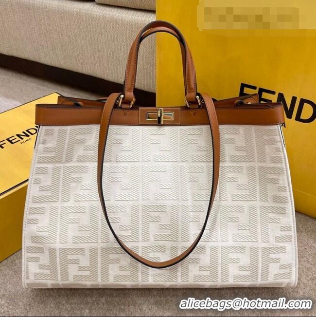 Original Cheap Fendi Peekaboo X-Tote FF Canvas Tote Bag FD0425 White 2021