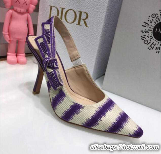 Classic Hot Dior J'Adior Slingback Pumps 9.5cm in Purple D-Stripes Embroidery 061113