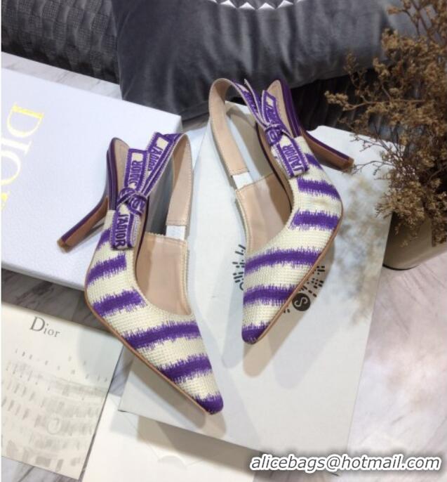 Classic Hot Dior J'Adior Slingback Pumps 9.5cm in Purple D-Stripes Embroidery 061113