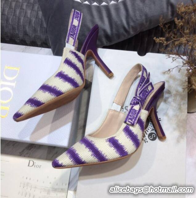 Classic Hot Dior J'Adior Slingback Pumps 9.5cm in Purple D-Stripes Embroidery 061113