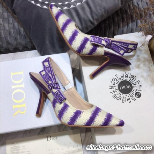 Classic Hot Dior J'Adior Slingback Pumps 9.5cm in Purple D-Stripes Embroidery 061113